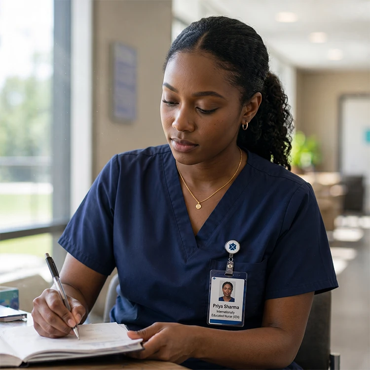 Internationally educated nurse studying in a healthcare setting